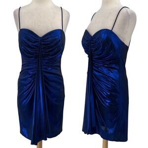 Vintage 90s Lame Mini Dress Ruched Sweetheart Neckline Metallic Blue Womens 8